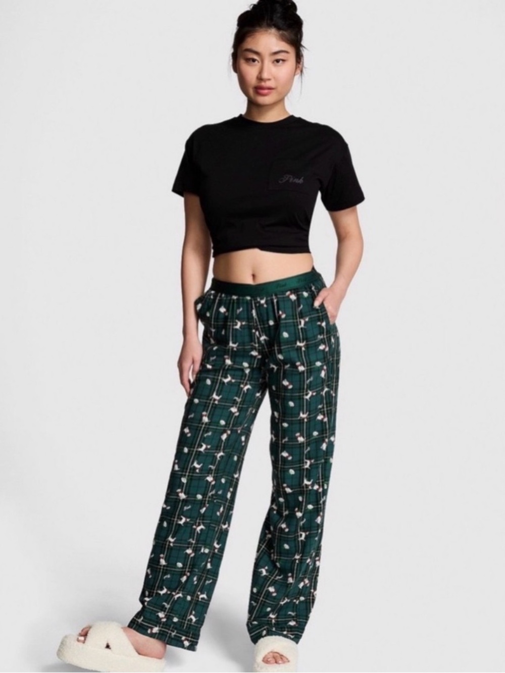 Victoria’s Secret PINK Flannel Pajama Pants Medium Green Dog Plaid NWT